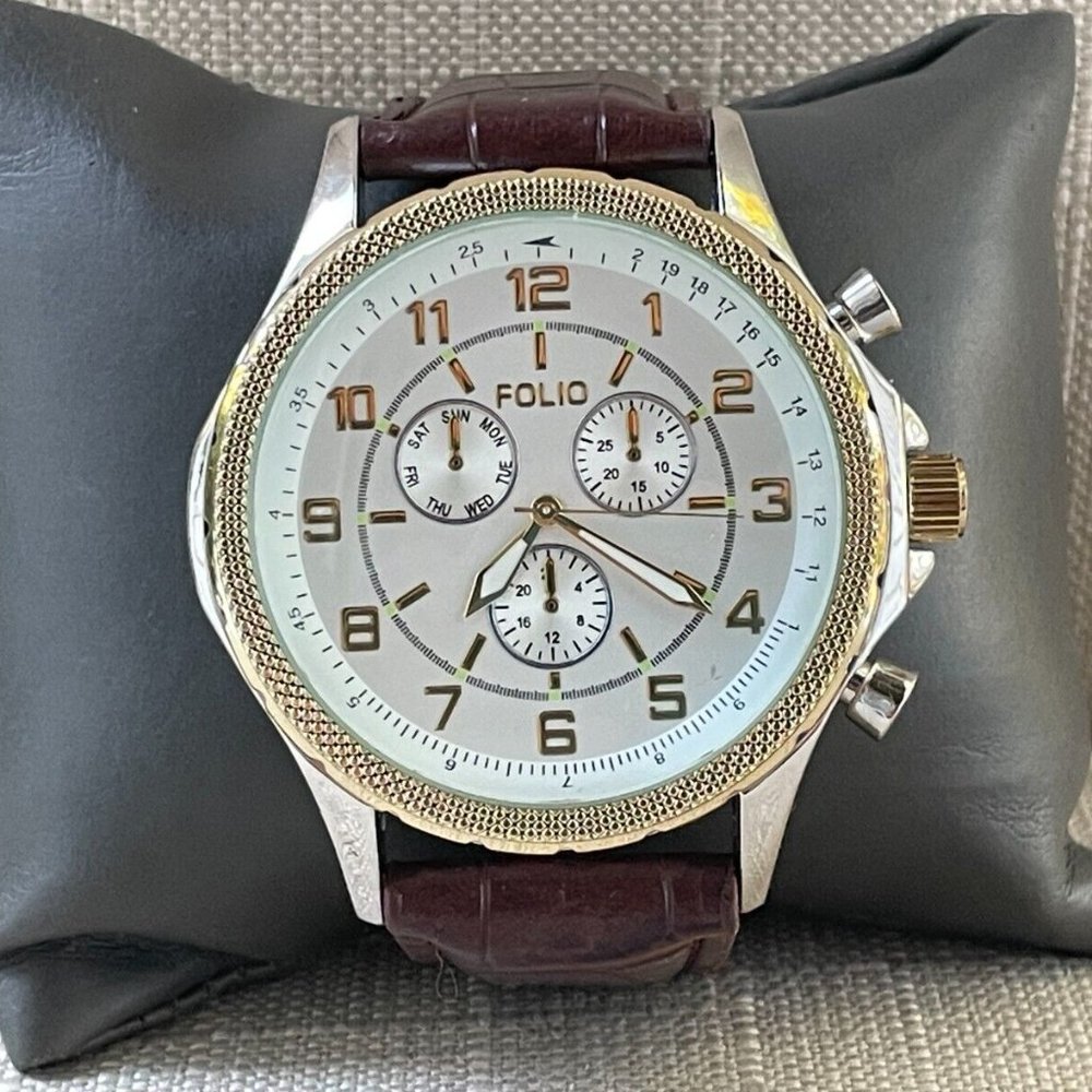 Folio Men Wristwatch Gold/Silver Tone Case Brown Faux Leather band Watch